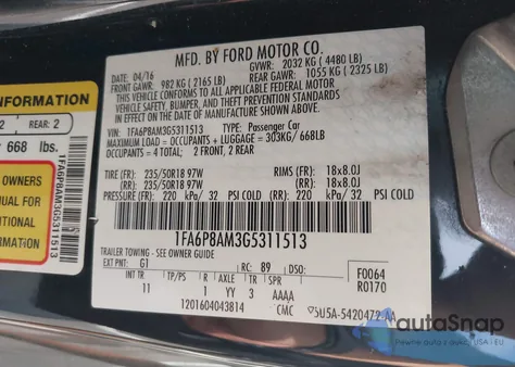 2016 Ford Mustang V6 из США, поврежденный, VIN 1FA6P8AM3G5311513